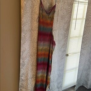 Fashion Nova Multicolor Striped Maxi Dress with Orange & Teal Accents